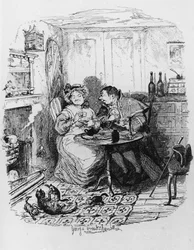 Mr Bumble och Mrs Corney tar te, från "Oliver Twists äventyr" av Charles Dickens (1812-70) 1838